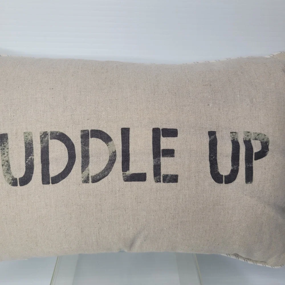 Pottery Barn Cuddle Up Pillow 9x15 Beige Stenciled Lumbar Striped‎ Reverse